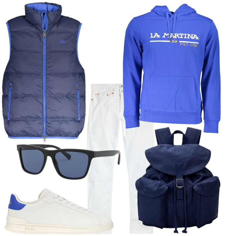 Outfit uomo - Lupo di mare. Stile Casual per Tutti i giorni. Abbinamento con jeans, sneakers, occhiali da sole, borse sportive, felpe con cappuccio, giacche.