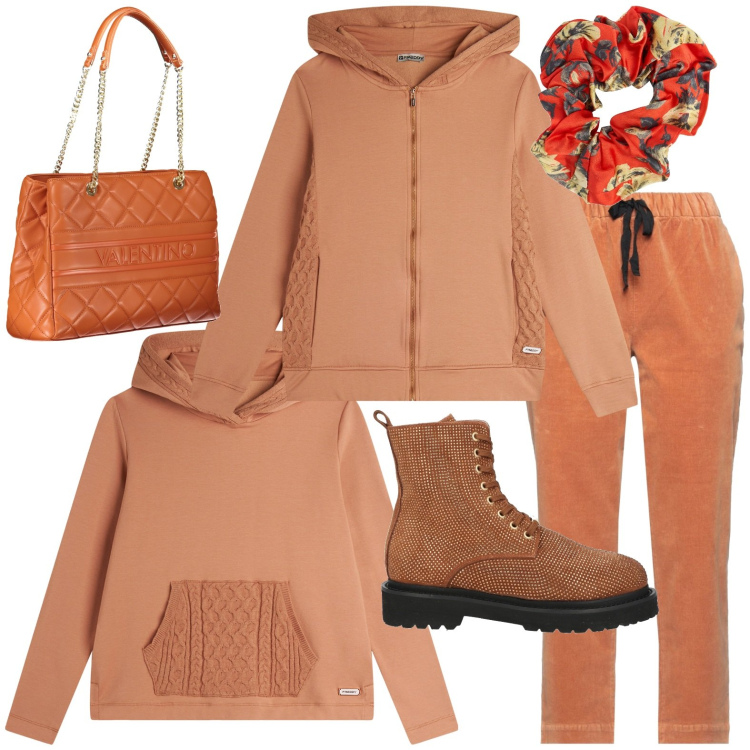 Outfit donna - Total look #2005208. Stile Casual per Tutti i giorni. Abbinamento con pantaloni, stivaletti, felpe con cappuccio, felpe con cappuccio, borse a spalla, accessori per capelli.
