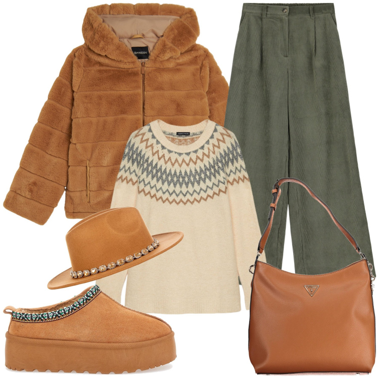 Outfit donna - Total look #2005210. Stile Casual chic per Serata fuori. Abbinamento con cappelli, blazer, pantaloni a palazzo, pantofole, maglieria, borse a tracolla.
