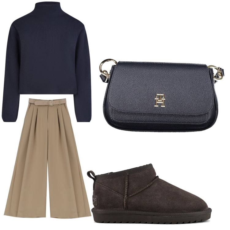 Outfit donna - Aperitivo. Stile Trendy per Tutti i giorni. Abbinamento con pantaloni, stivali, borse a tracolla, cardigans.