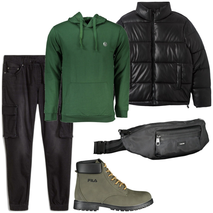 Outfit uomo - Total look #2005228. Stile Trendy per Tutti i giorni. Abbinamento con jeans slim fit, piumini, stivali, felpe con cappuccio, borse sportive.