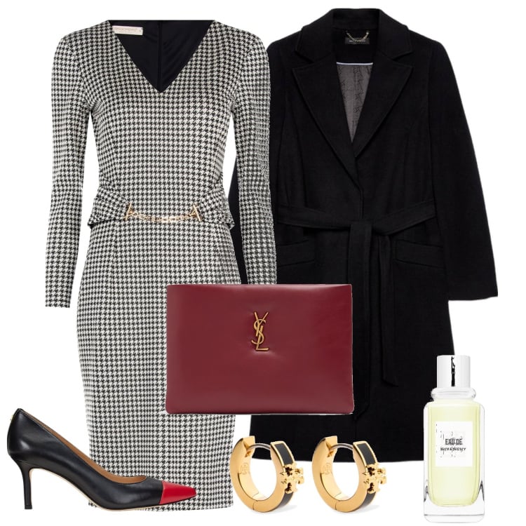 Outfit donna - Il dettaglio oro. Stile Chic per Cerimonia. Abbinamento con profumi, vestiti midi/longuette, cappotti, décolleté, pochette, orecchini.