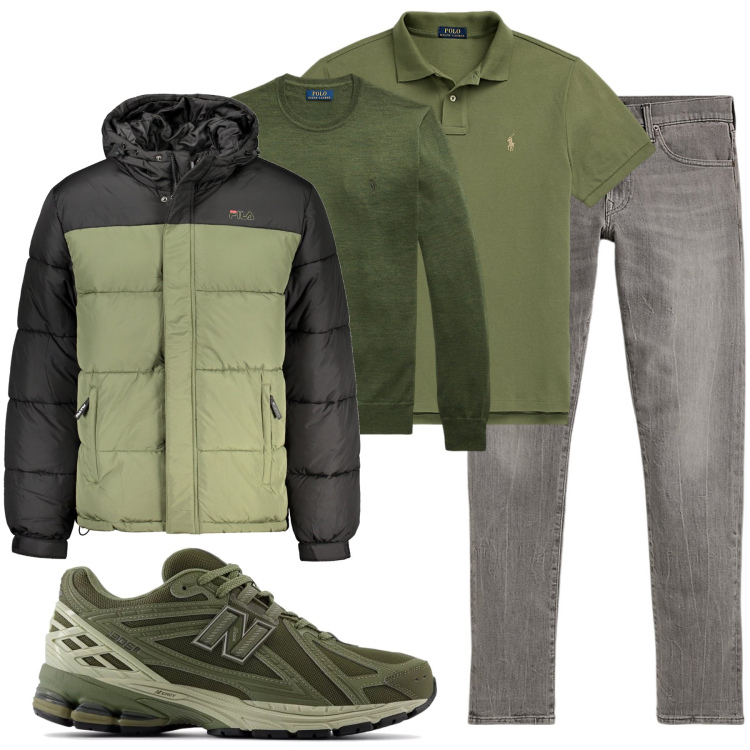 Outfit uomo - Grigio e verde. Stile Casual per Tutti i giorni. Abbinamento con sneakers, polo, maglieria, jeans, giacche.