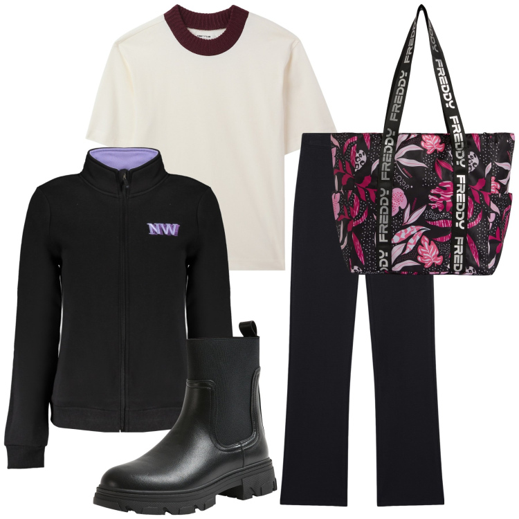 Outfit donna - Simply look. Stile Casual per Tutti i giorni. Abbinamento con t-shirt, stivaletti chelsea, pantaloni, shopping bag, felpe.