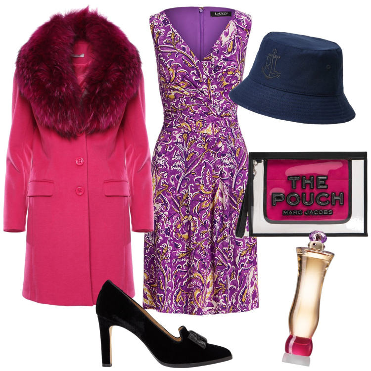 Outfit donna - Sabato al matrimonio. Stile Glamour per Cerimonia. Abbinamento con profumi, cappotti, vestiti midi/longuette, décolleté, cappelli, clutch.