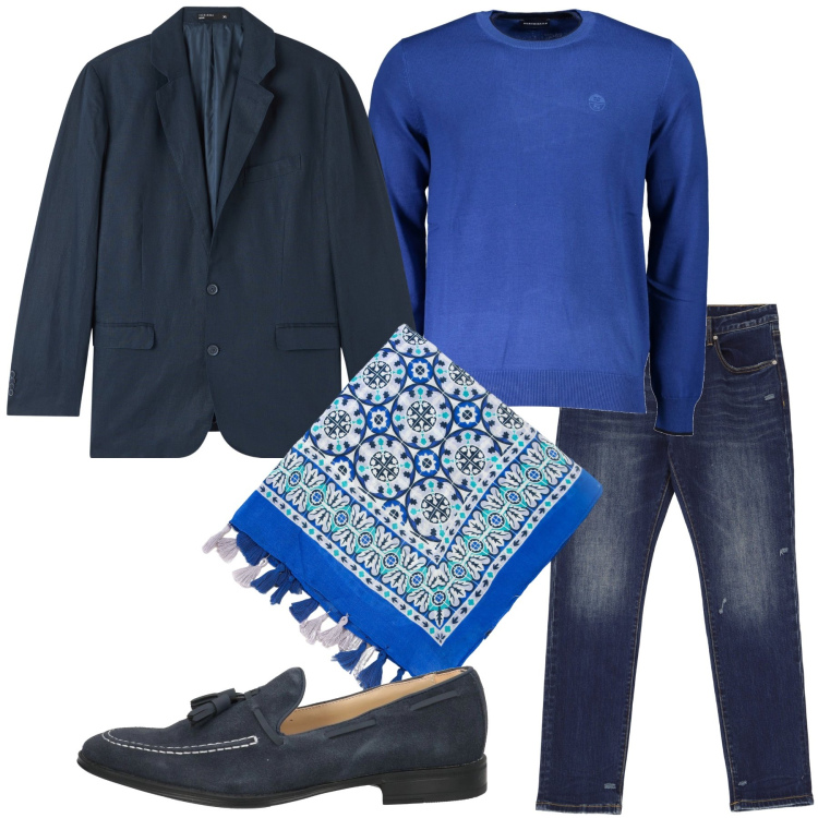 Outfit uomo - Venerdì sera. Stile Trendy per Serata speciale. Abbinamento con scarpe stringate, giacche, sciarpe, jeans slim fit, maglieria.