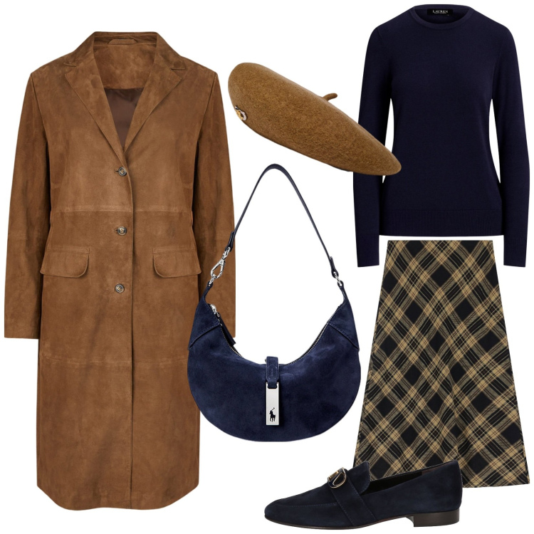 Outfit donna - Scamosciata. Stile Bon Ton per Ufficio. Abbinamento con mocassini, gonne lunghe, borse a spalla, maglieria, berretti, cappotti.