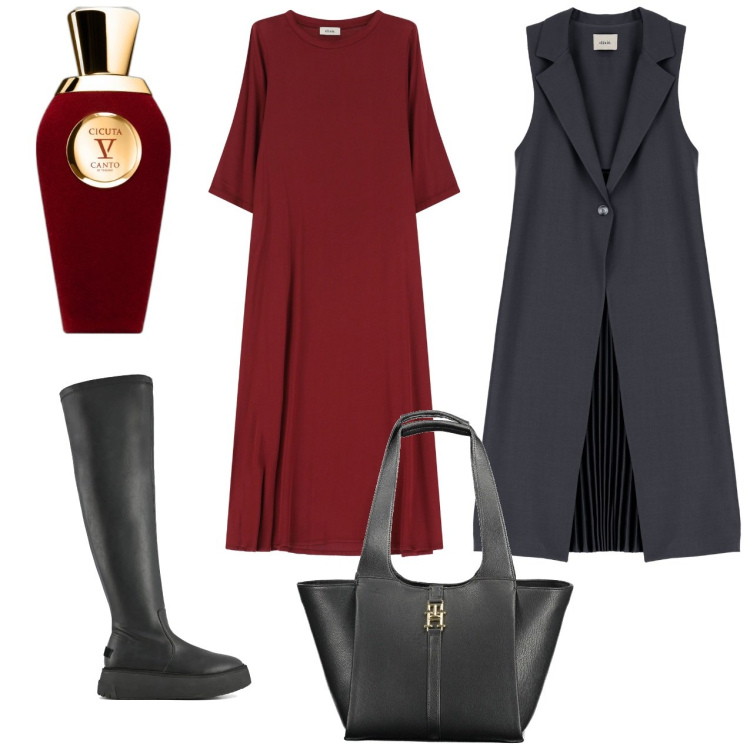 Outfit donna - Rosso scuro e grigio. Stile Casual chic per Serata fuori. Abbinamento con profumi, vestiti, cappotti, stivali sopra il ginocchio, borse a spalla.