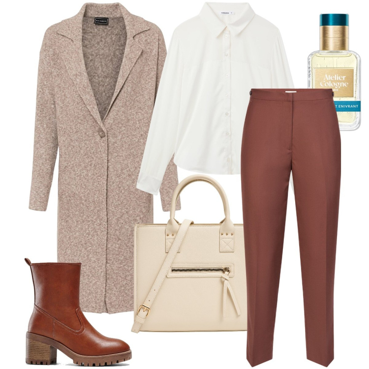 Outfit donna - Il cappotto in maglia. Stile Casual chic per Ufficio. Abbinamento con cappotti, stivaletti, profumi, shopping bag, camicie, pantaloni.