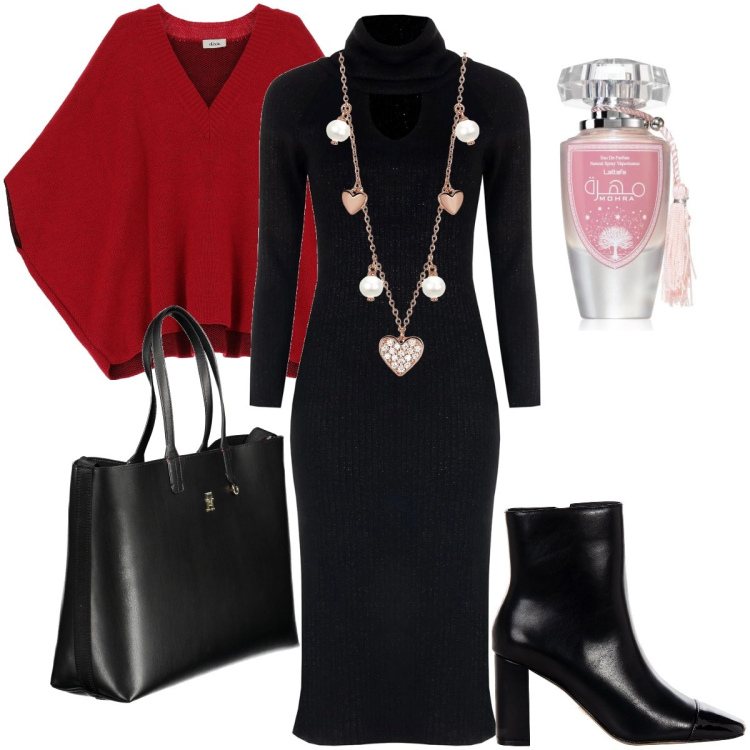 Outfit donna - La mantella rossa. Stile Bon Ton per Serata fuori. Abbinamento con profumi, collane, vestiti midi/longuette, stivaletti, cappotti, borse a spalla.