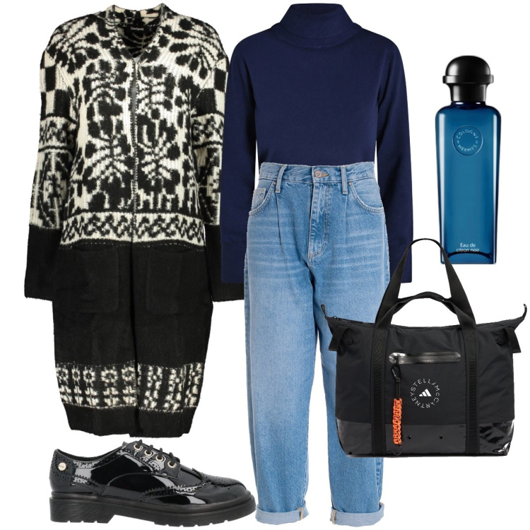 Outfit donna - Il cappotto decorato. Stile Urban per Tutti i giorni. Abbinamento con scarpe stringate, profumi, maglieria, jeans, cappotti, shopping bag.