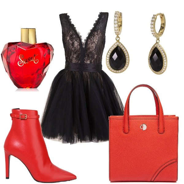 Outfit donna - rosso e nero. Stile Sexy per Serata fuori. Abbinamento con profumi, orecchini, vestiti, stivaletti, shopping bag.