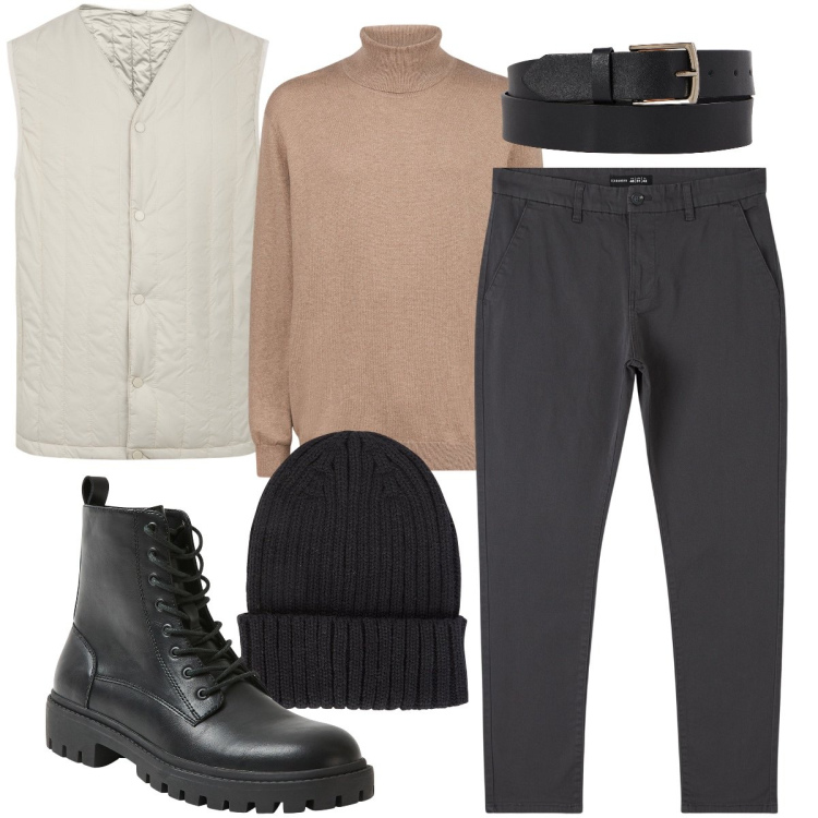 Outfit uomo - Lo smanicato color ghiaccio. Stile Business/Elegante per Ufficio. Abbinamento con pantaloni chino, anfibi, piumini, maglieria, berretti, cinture.