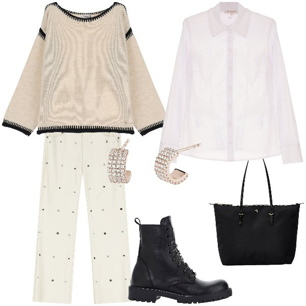 Outfit donna - Giornata-no. Stile Casual chic per Ufficio. Abbinamento con camicie, pantaloni, maglieria, orecchini, stivaletti, borse tote.