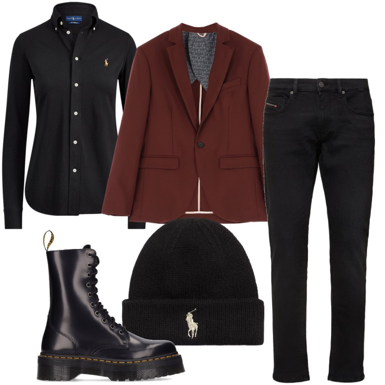 Outfit uomo - Non solo nero. Stile Business/Elegante per Serata speciale. Abbinamento con giacche, berretti, camicie, jeans slim fit, stivali.
