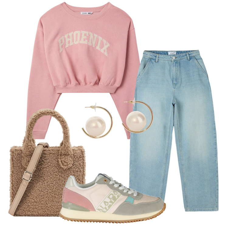 Outfit donna - Basic scuola/università. Stile Basic per Scuola/Università. Abbinamento con jeans, shopping bag, felpe sportive, orecchini, sneakers.
