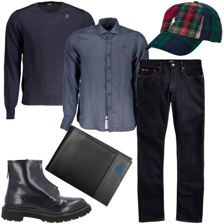 Outfit uomo - Il cappellino con visiera. Stile Trendy per Ufficio. Abbinamento con stivali e stivaletti, jeans, cappelli, camicie, maglieria, portafogli.