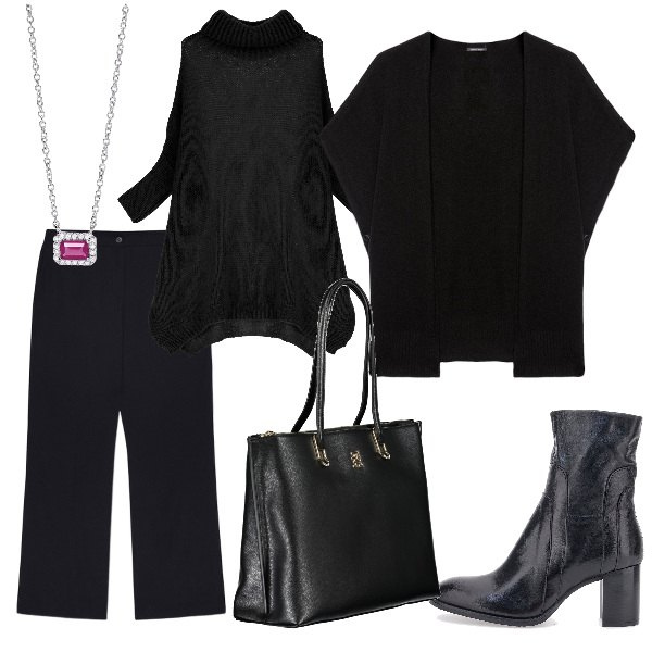 Outfit donna - Collana in evidenza. Stile Chic per Ufficio. Abbinamento con collane, maglieria, stivaletti, cappe, pantaloni a palazzo, borse a spalla.