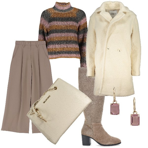 Outfit donna - Colori neutri, again. Stile Chic per Ufficio. Abbinamento con pantaloni a palazzo, orecchini, stivali, maglieria, cappotti, borse a spalla.