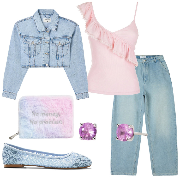 Outfit donna - Romantica. Stile Romantica per Tutti i giorni. Abbinamento con ballerine, jeans, blazer, portafogli, orecchini, top.