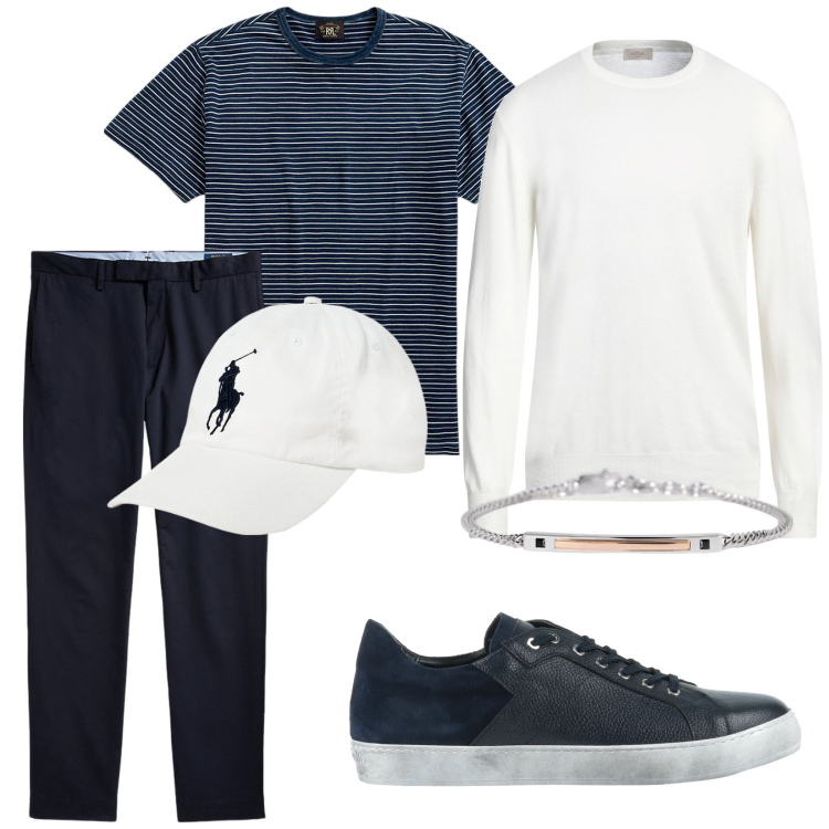 Outfit uomo - Total look #2005352. Stile Trendy per Tutti i giorni. Abbinamento con pullovers, sneakers, braccialetti, t-shirt, pantaloni chino, cappelli.