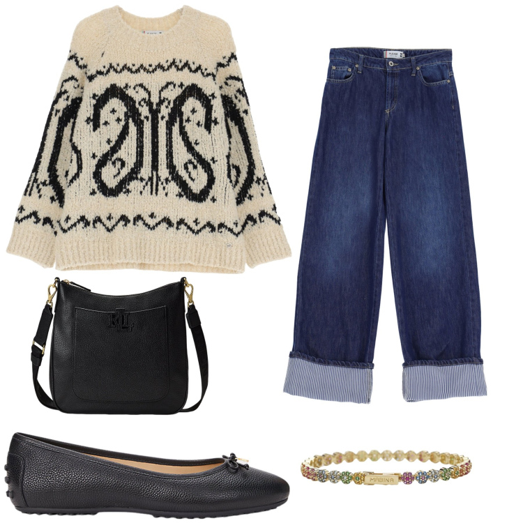 Outfit donna - Un maglione particolare. Stile Casual chic per Tutti i giorni. Abbinamento con braccialetti, maglieria, jeans, borse a tracolla, ballerine.