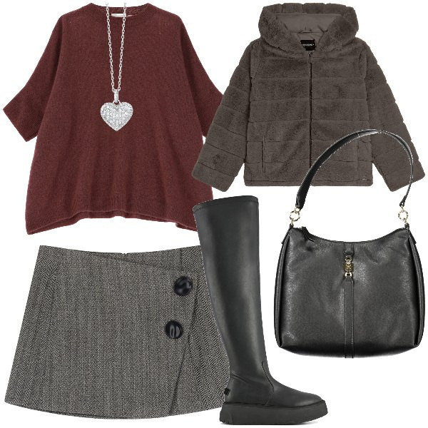 Outfit donna - Grigio e bordeaux. Stile Casual chic per Ufficio. Abbinamento con collane, minigonne, blazer, pullovers, stivali sopra il ginocchio, borse a spalla.