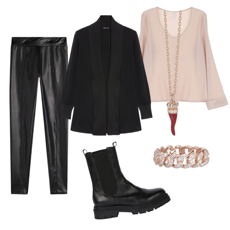 Outfit donna - Rock chic. Stile Rock per Tutti i giorni. Abbinamento con anelli, collane, camicie, treggings, stivaletti chelsea, cardigans.