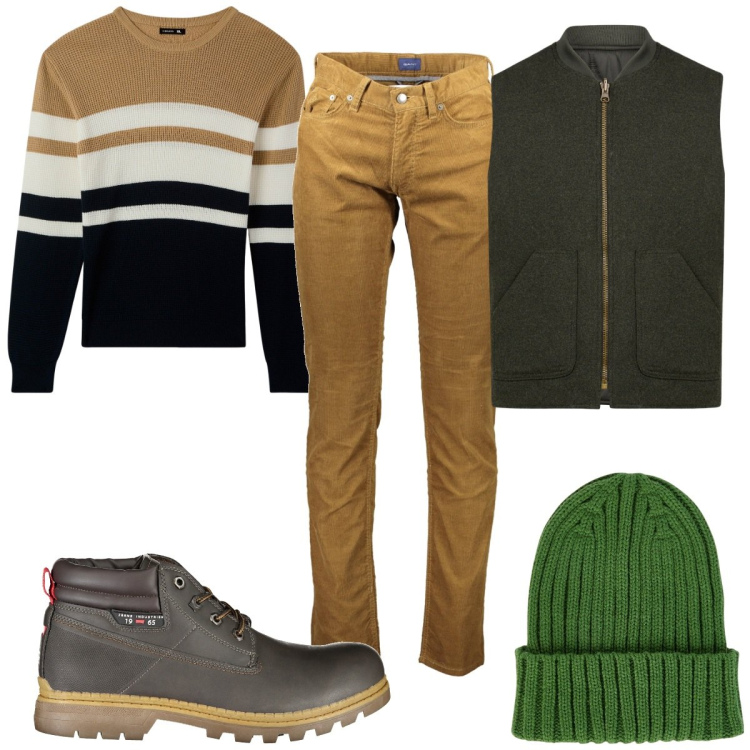 Outfit uomo - Total look #2005365. Stile Casual per Tutti i giorni. Abbinamento con maglieria, berretti, stivali, pantaloni, piumini.