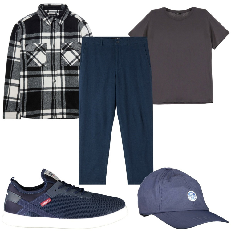 Outfit uomo - Total look #2005370. Stile Trendy per Tutti i giorni. Abbinamento con pantaloni, cappotti, t-shirt, sneakers, cappelli con visiera.