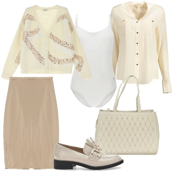Outfit donna - Sobria eleganza. Stile Chic per Ufficio. Abbinamento con body, gonne, cardigans, mocassini, camicie, borse a spalla.