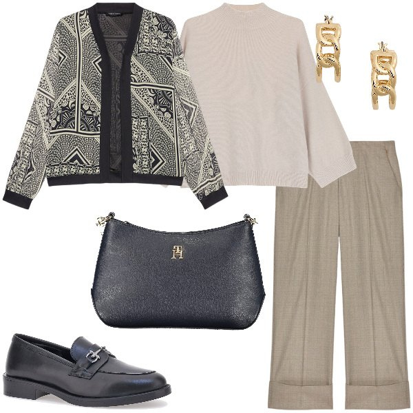Outfit donna - La preside. Stile Chic per Scuola/Università. Abbinamento con pullovers, orecchini, mocassini, pantaloni, blazer, borse a tracolla.