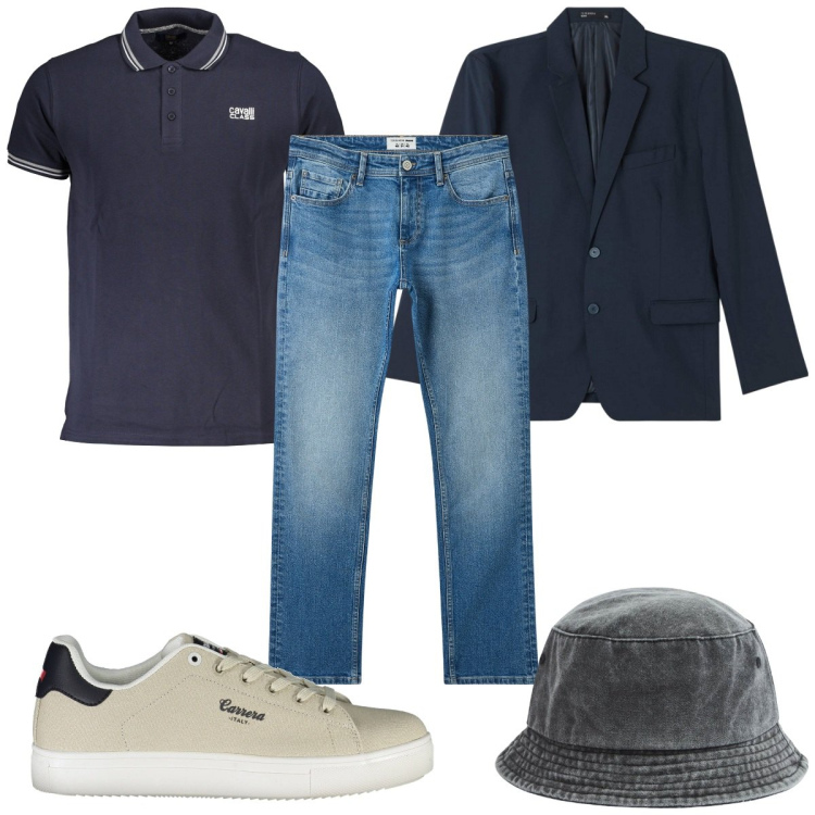 Outfit uomo - Total look #2005376. Stile Trendy per Tutti i giorni. Abbinamento con cappelli, jeans, giacche, sneakers, polo.