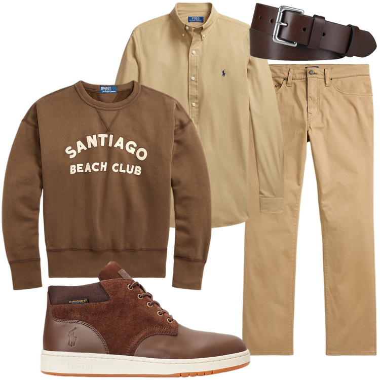 Outfit uomo - Tonalita’ di marrone. Stile Casual per Tutti i giorni. Abbinamento con camicie, cinture, stivali, felpe, pantaloni.