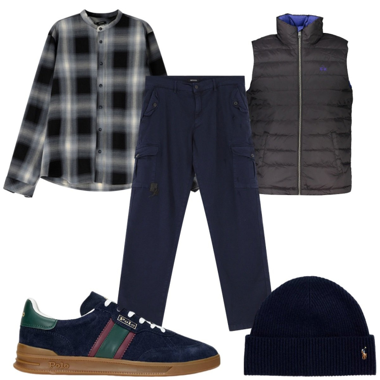 Outfit uomo - Total look #2005380. Stile Casual per Tutti i giorni. Abbinamento con camicie, pantaloni cargo, berretti, sneakers, giacche.