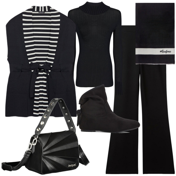 Outfit donna - Total look #2005394. Stile Casual per Tutti i giorni. Abbinamento con stivaletti, pantaloni, maglieria, gilet, borse a spalla, sciarpe.