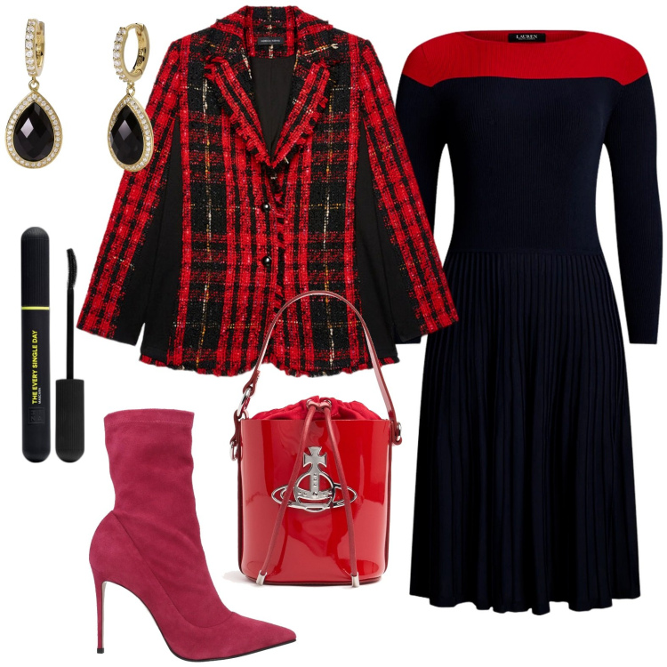 Outfit donna - Total look #2005416. Stile Chic per Ufficio. Abbinamento con stivaletti, mascara, orecchini, vestiti, blazer, borse a secchiello.
