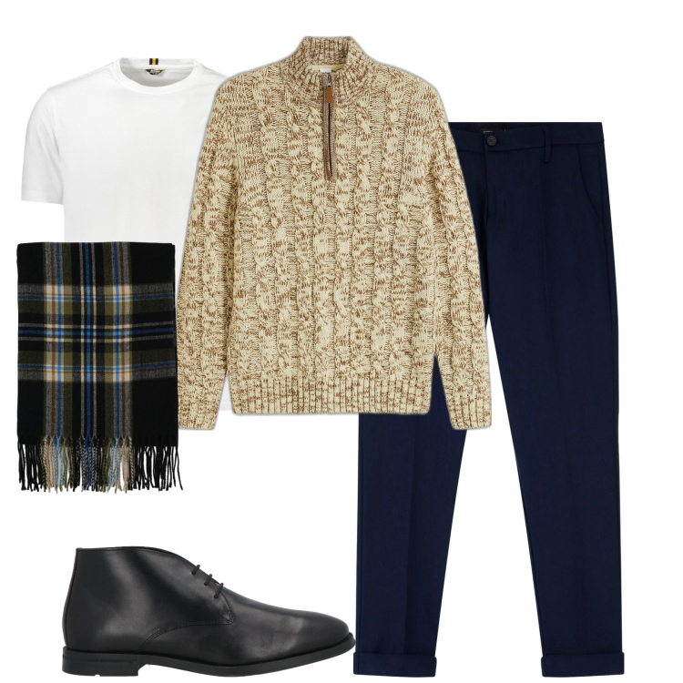 Outfit uomo - City. Stile Urban per Tutti i giorni. Abbinamento con maglieria, stivali e stivaletti, pantaloni chino, sciarpe, t-shirt.