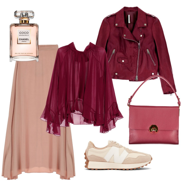 Outfit donna - Sweet rock. Stile Urban per Tutti i giorni. Abbinamento con profumi, sneakers, giacche, camicie, gonne lunghe, borse a spalla.