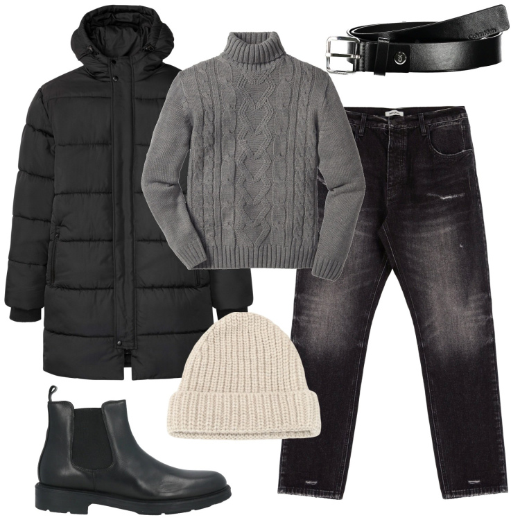 Outfit uomo - City. Stile Urban per Tutti i giorni. Abbinamento con maglieria, giacche, stivali e stivaletti, jeans slim fit, berretti, cinture.