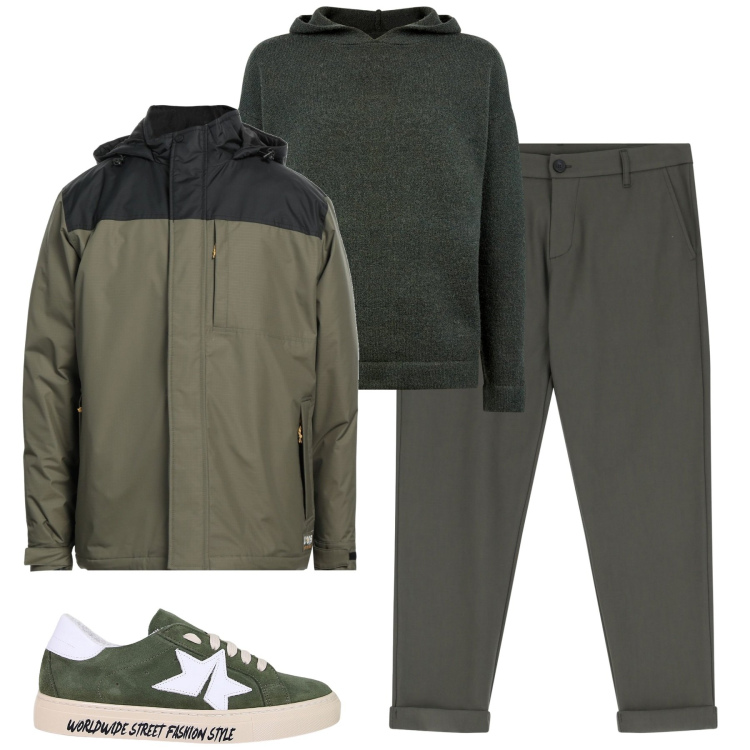 Outfit uomo - City. Stile Urban per Tutti i giorni. Abbinamento con piumini, pantaloni, sneakers, maglieria.