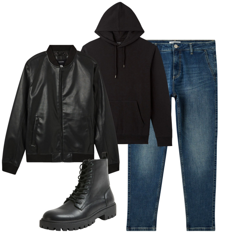 Outfit uomo - Total look #2005437. Stile Urban per Tutti i giorni. Abbinamento con bomber, felpe con cappuccio, anfibi, jeans.
