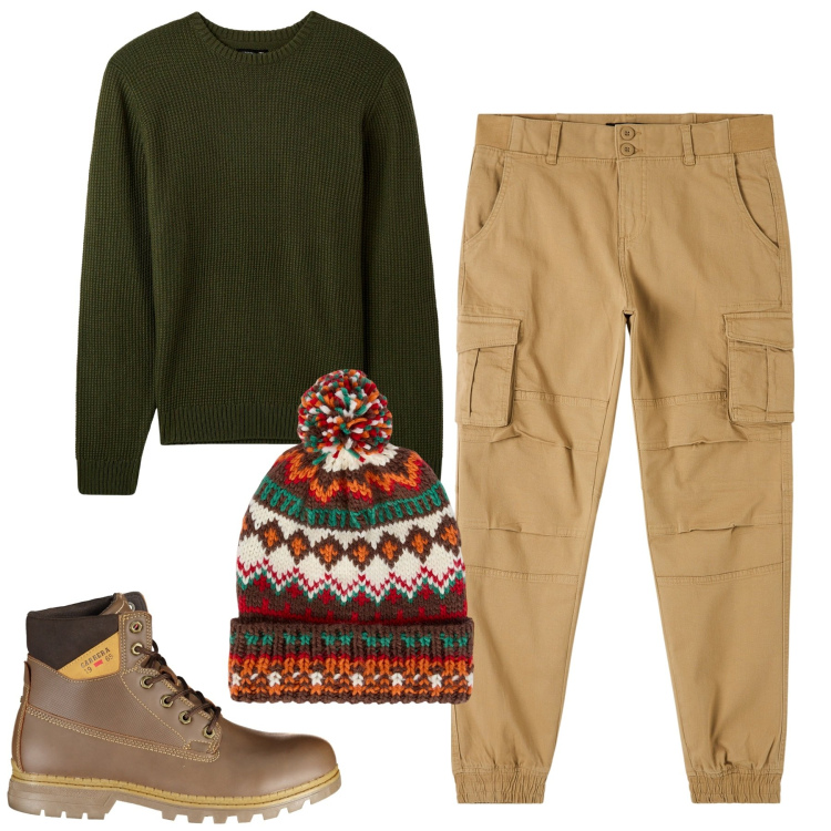 Outfit uomo - City. Stile Urban per Tutti i giorni. Abbinamento con maglieria, pantaloni cargo, berretti, stivali.