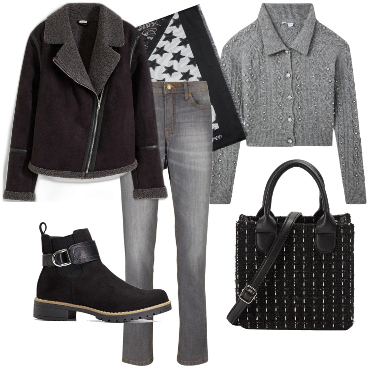 Outfit donna - Total look #2005442. Stile Casual per Tutti i giorni. Abbinamento con jeans mom, stivaletti, blazer, shopping bag, cardigans, foulard.