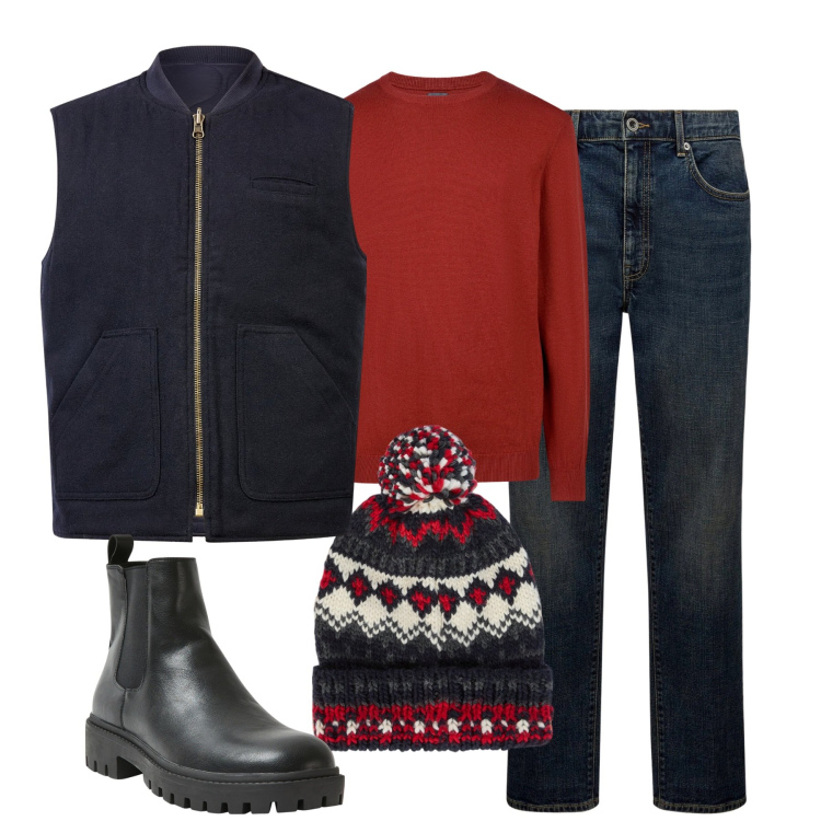 Outfit uomo - City. Stile Urban per Tutti i giorni. Abbinamento con stivali e stivaletti, berretti, maglieria, piumini, jeans.