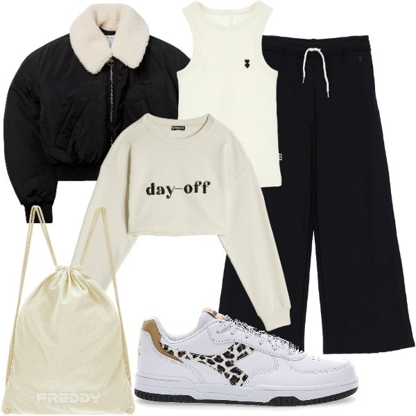 Outfit donna - Sporty Chic. Stile Sporty chic per Tutti i giorni. Abbinamento con blazer, pantaloni a palazzo, canottiere, felpe, zaini, sneakers.