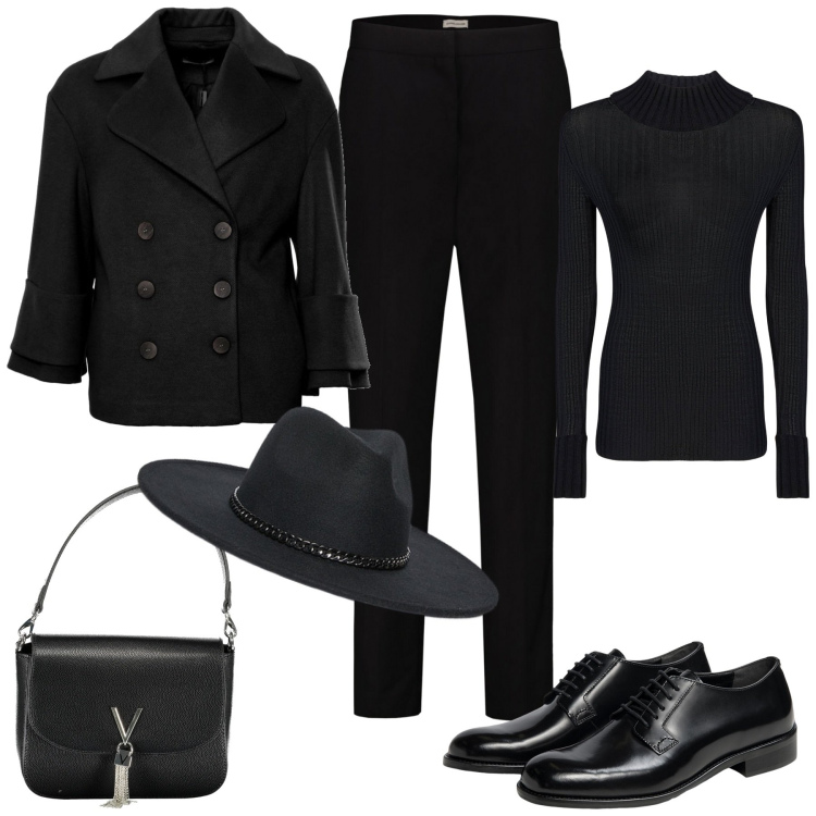 Outfit donna - Accessori total black. Stile Casual chic per Ufficio. Abbinamento con cappotti, pantaloni, maglieria, scarpe stringate, borse a spalla, cappelli.