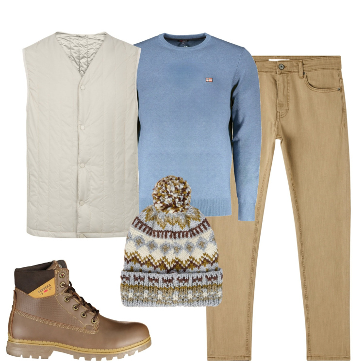 Outfit uomo - City. Stile Urban per Tutti i giorni. Abbinamento con pantaloni skinny, berretti, piumini, maglieria, stivali.