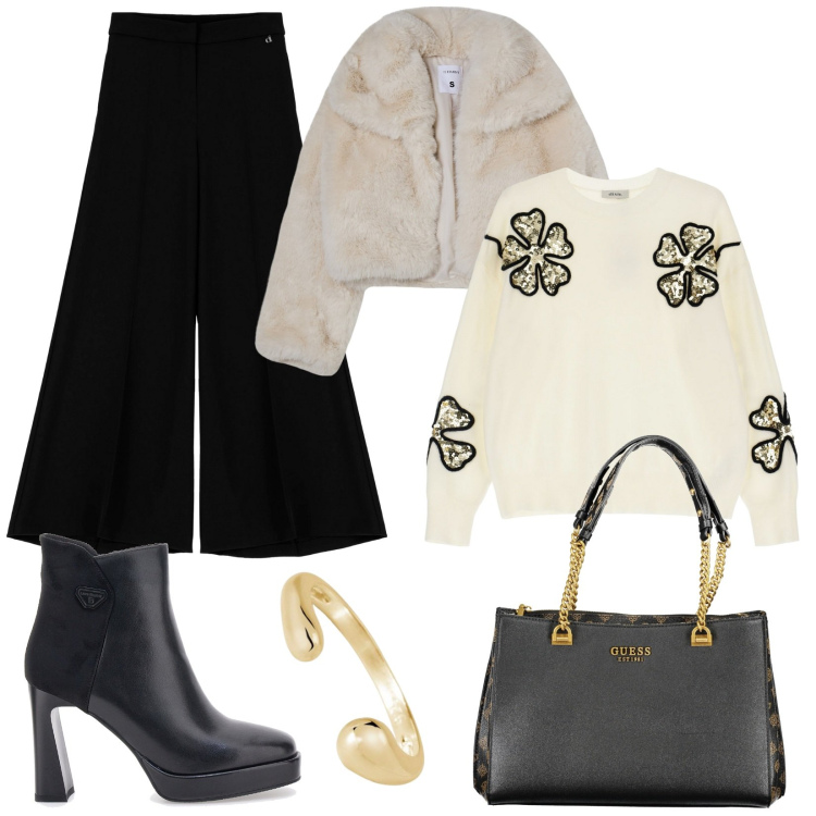 Outfit donna - Pantaloni a palazzo. Stile Trendy per Serata fuori. Abbinamento con blazer, anelli, pullovers, pantaloni a palazzo, stivaletti, borse a spalla.