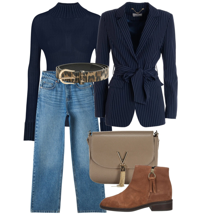 Outfit donna - Gessato sui jeans. Stile Bon Ton per Ufficio. Abbinamento con stivaletti, jeans, cinture, blazer, maglieria, borse a spalla.